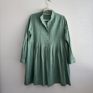 Maison Standards Fernande Pleated Mini Shirt Dress in Blue/Green